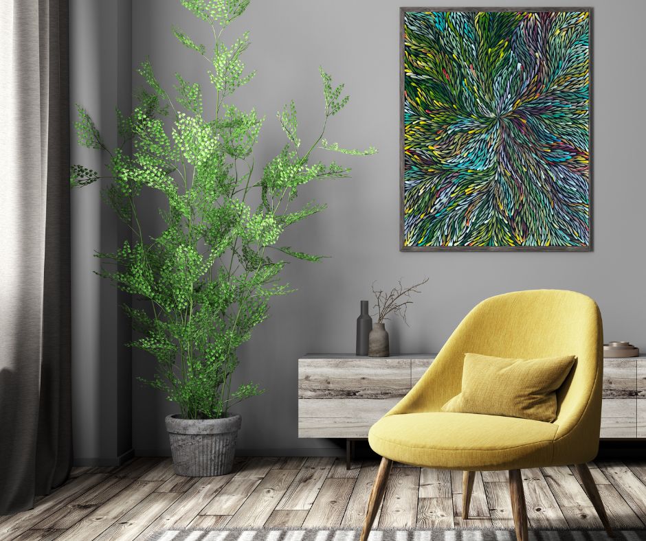 Jeannie Pitjara Petyarre + Utopia + Bush Medicine Leaves + Leaves + Movement + Colour + Indigenous Art + Artist + Australian Art + Aboriginal Art + Darwin Based Gallery + Art Work + Painting + Aboriginal Culture + Bush Medicine