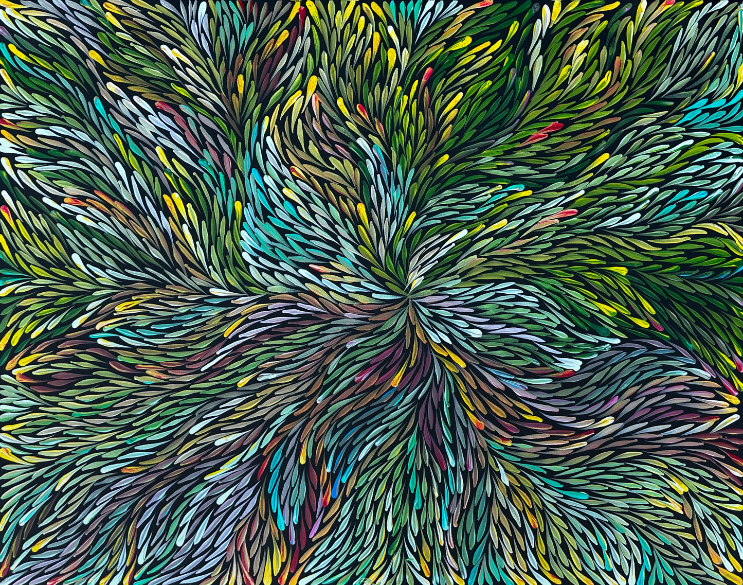 Jeannie Pitjara Petyarre + Utopia + Bush Medicine Leaves + Leaves + Movement + Colour + Indigenous Art + Artist + Australian Art + Aboriginal Art + Darwin Based Gallery + Art Work + Painting + Aboriginal Culture + Bush Medicine