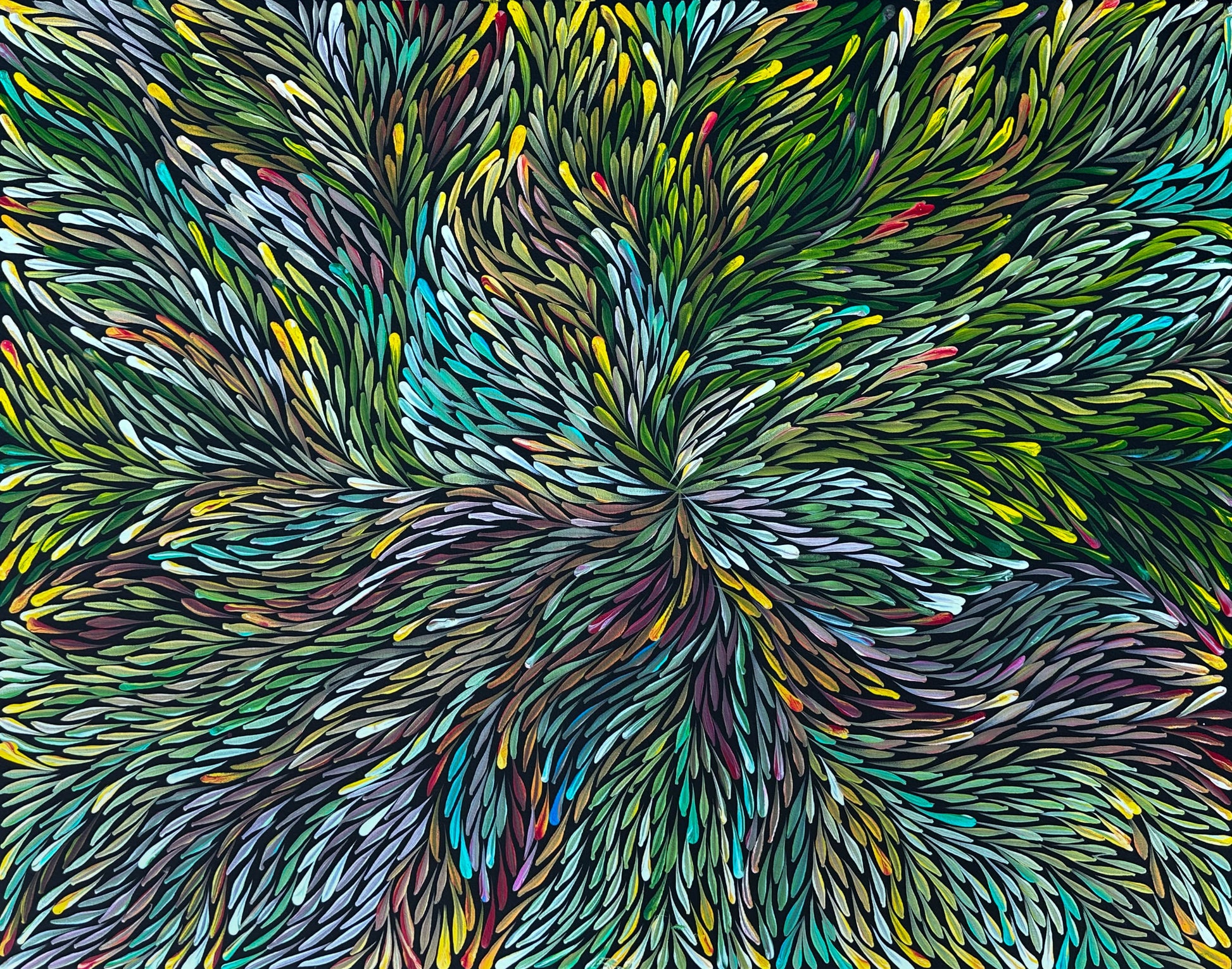 Jeannie Pitjara Petyarre + Utopia + Bush Medicine Leaves + Leaves + Movement + Colour + Indigenous Art + Artist + Australian Art + Aboriginal Art + Darwin Based Gallery + Art Work + Painting + Aboriginal Culture + Bush Medicine