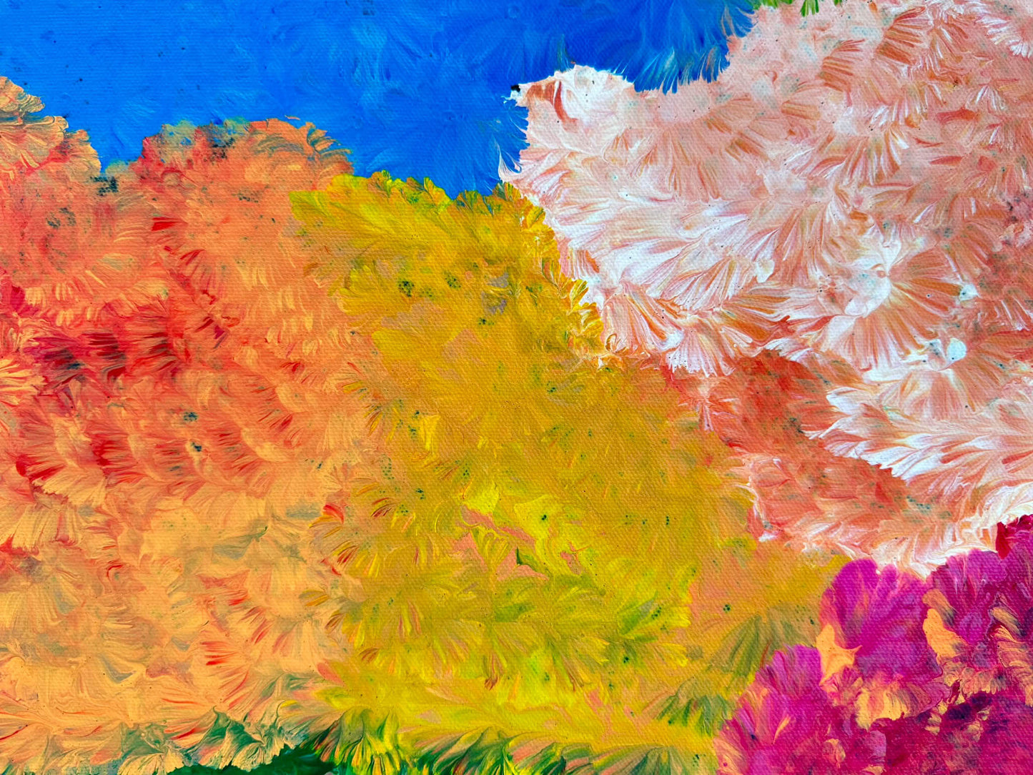 Jeannie Pitjara Petyarre + Indigenous Art + Aboriginal Art + Australian Art + Darwin Based Gallery + Yam Flower Dreaming + Flowers + Artwork + Painting + Colourful + Colour + Bush Survival +