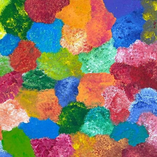 Jeannie Pitjara Petyarre + Indigenous Art + Aboriginal Art + Australian Art + Darwin Based Gallery + Yam Flower Dreaming + Flowers + Artwork + Painting + Colourful + Colour + Bush Survival +