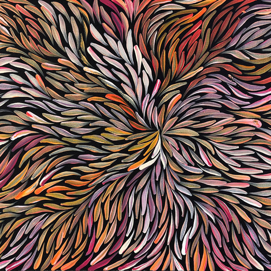 Jeannie Petyare Pitjara + Utopia + bush medicine leaves + bush medicine + leaves + art + painting + indigenous art + aboriginal art + australian art + darwin based gallery + art gallery + art for sale + artwork for sale + painting for sale + home + home decor + interior design + interior designer + interior decor + interior + colour + famous artist +