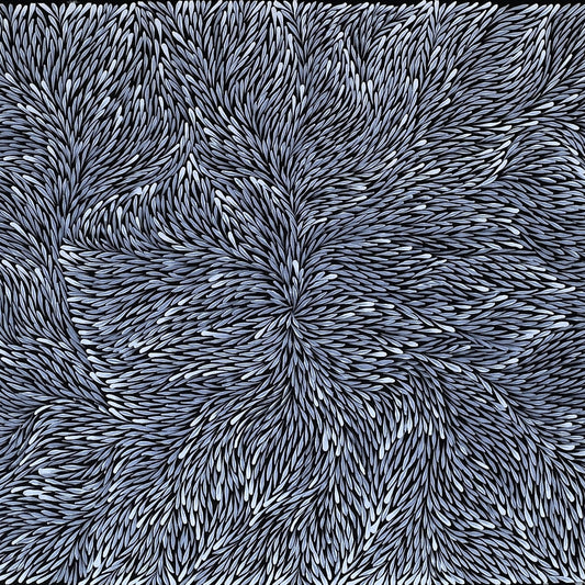 Jeannie Pitjara Petyarre + black and white + monochromatic + bush medicine leaves + utopia + art work + art for sale + painting for sale + indigenous art + aboriginal art + australian art + famous artist + home decor + interior designer + interior decor + decor + wall art + online gallery + art gallery + art of the day + darwin based gallery + family owned business + altyerre + altyerre aboriginal art + bush medicine