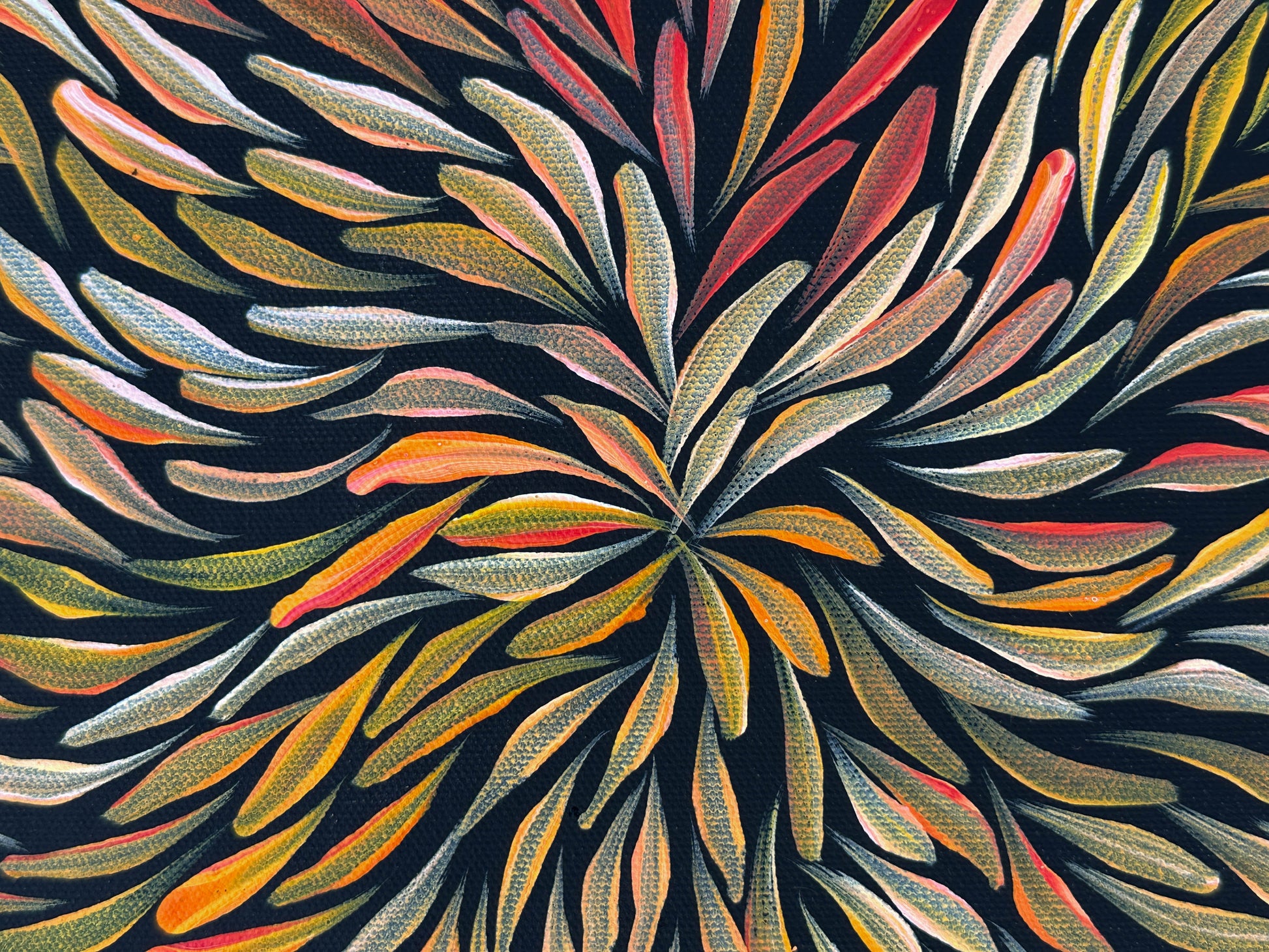 Jeannie Pitjara Petyarre + utopia + bush medicine leaves + leaves + altyerre aboriginal art + art gallery + family owned business + art for sale + artwork + painting for sale + indigneous art + aboriginal art + australian art + Interior design + decor ideas + wall art + yellow + orange + red + famous artist + female artist + art collector +