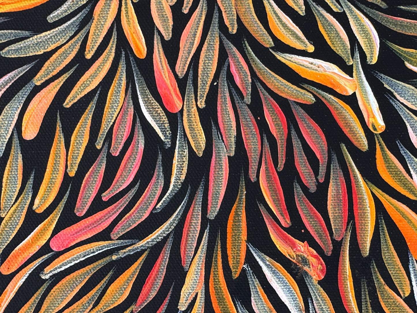 Jeannie Pitjara Petyarre + utopia + bush medicine leaves + leaves + altyerre aboriginal art + art gallery + family owned business + art for sale + artwork + painting for sale + indigneous art + aboriginal art + australian art + Interior design + decor ideas + wall art + yellow + orange + red + famous artist + female artist + art collector +