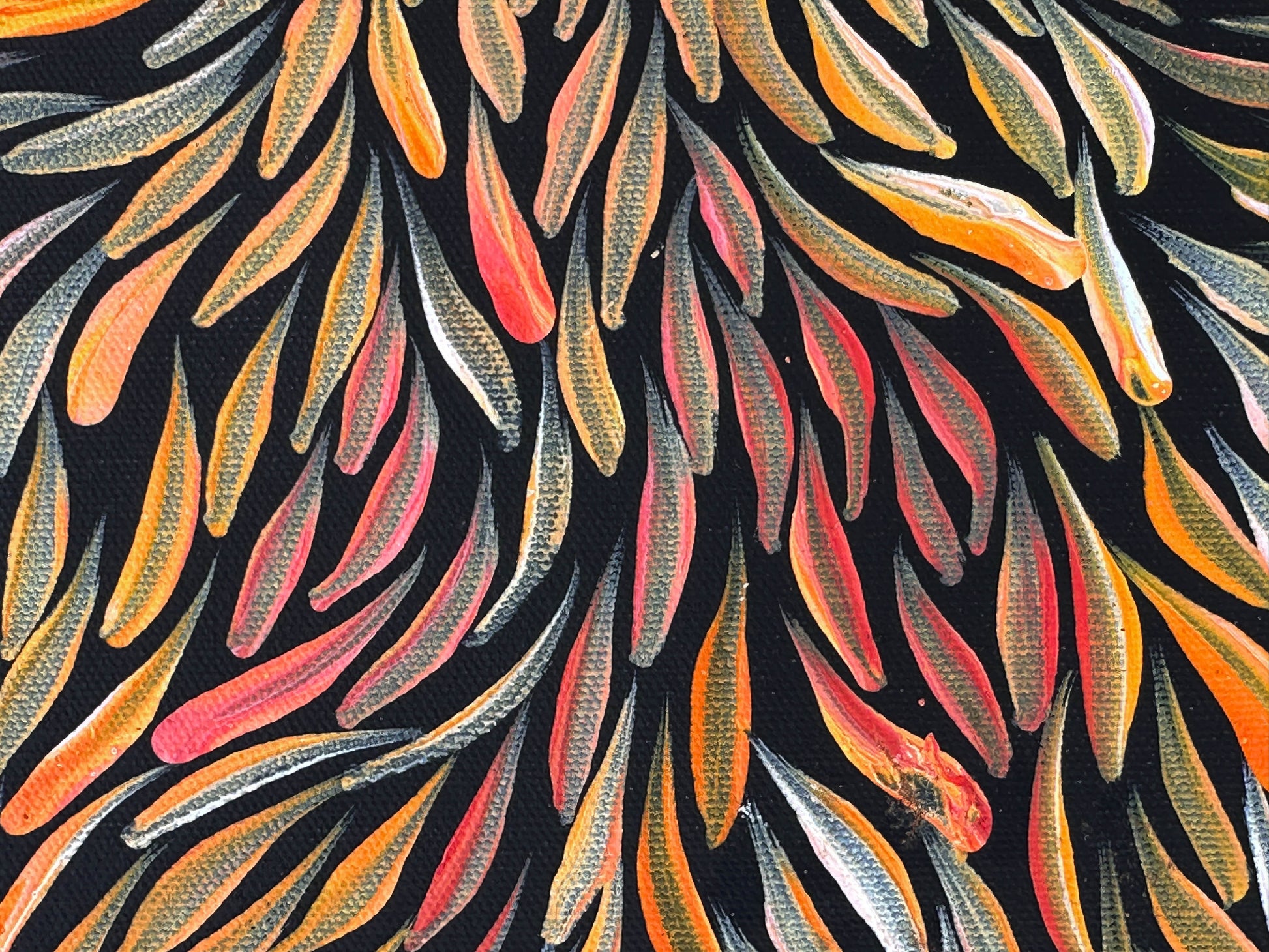 Jeannie Pitjara Petyarre + utopia + bush medicine leaves + leaves + altyerre aboriginal art + art gallery + family owned business + art for sale + artwork + painting for sale + indigneous art + aboriginal art + australian art + Interior design + decor ideas + wall art + yellow + orange + red + famous artist + female artist + art collector +
