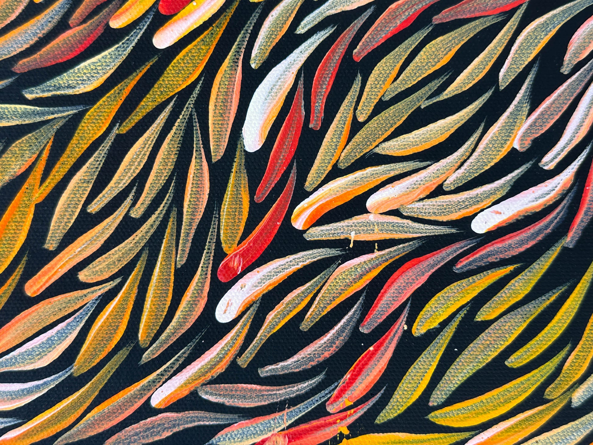 Jeannie Pitjara Petyarre + utopia + bush medicine leaves + leaves + altyerre aboriginal art + art gallery + family owned business + art for sale + artwork + painting for sale + indigneous art + aboriginal art + australian art + Interior design + decor ideas + wall art + yellow + orange + red + famous artist + female artist + art collector +