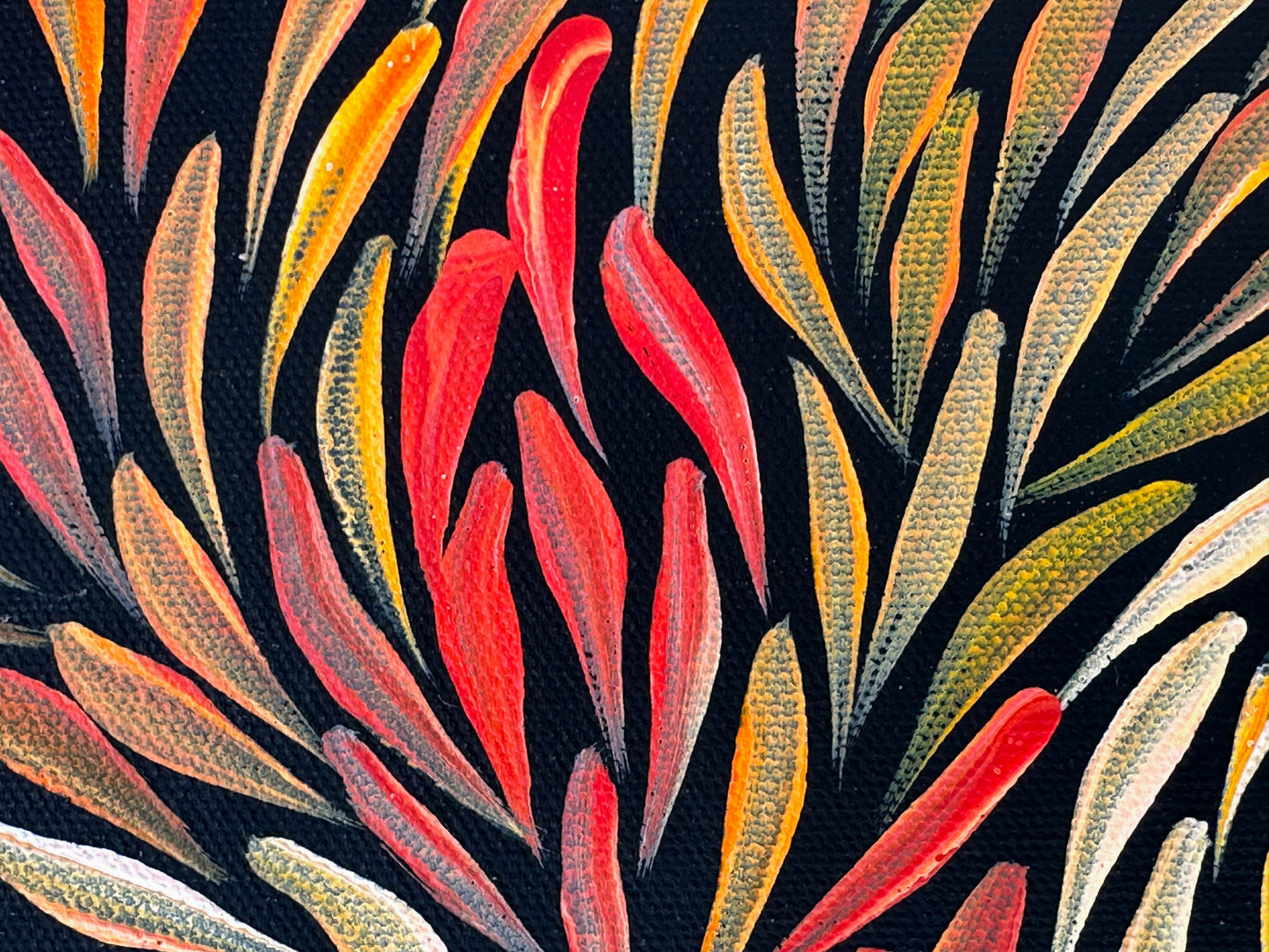 Jeannie Pitjara Petyarre + utopia + bush medicine leaves + leaves + altyerre aboriginal art + art gallery + family owned business + art for sale + artwork + painting for sale + indigneous art + aboriginal art + australian art + Interior design + decor ideas + wall art + yellow + orange + red + famous artist + female artist + art collector +