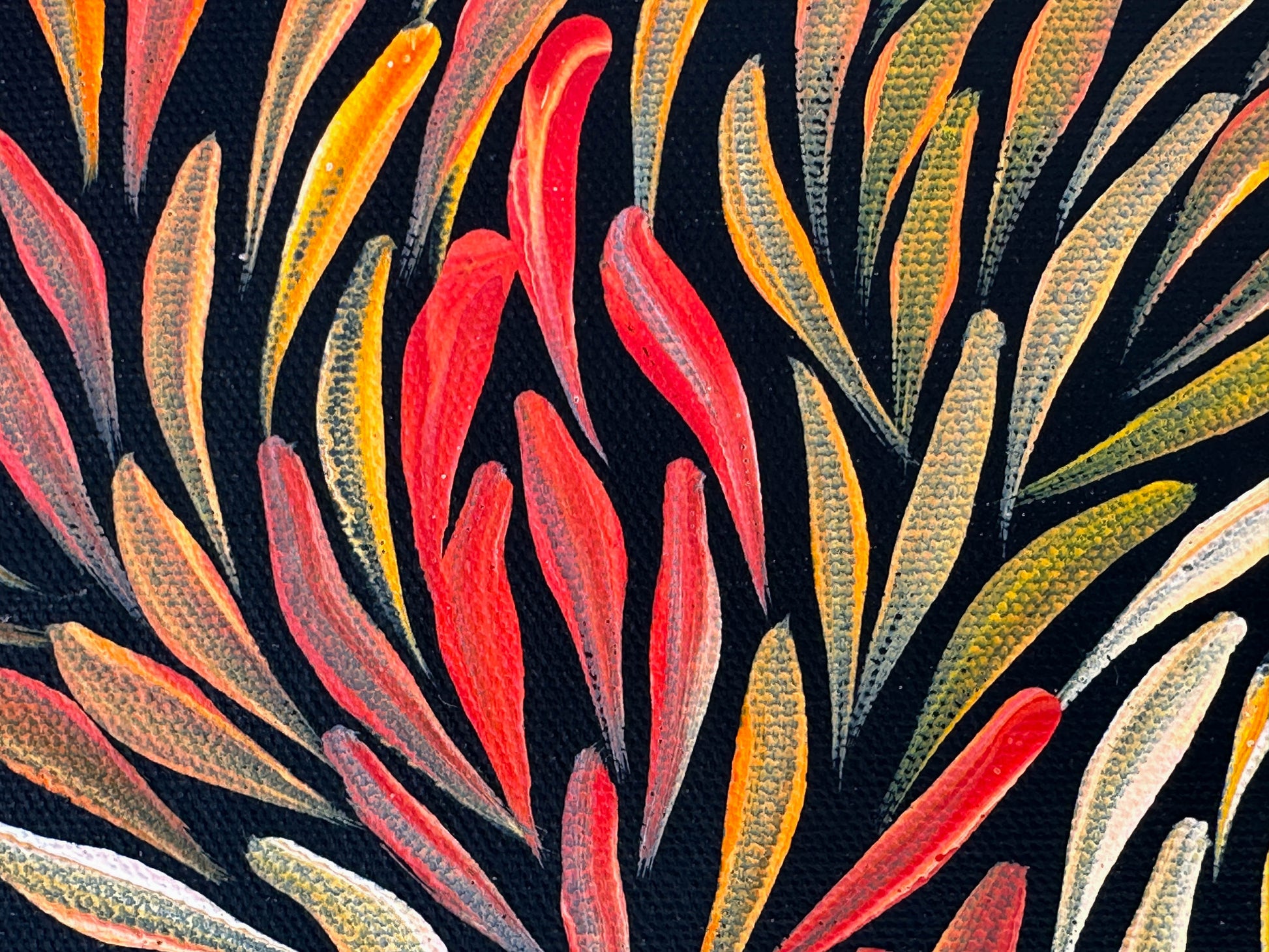 Jeannie Pitjara Petyarre + utopia + bush medicine leaves + leaves + altyerre aboriginal art + art gallery + family owned business + art for sale + artwork + painting for sale + indigneous art + aboriginal art + australian art + Interior design + decor ideas + wall art + yellow + orange + red + famous artist + female artist + art collector +
