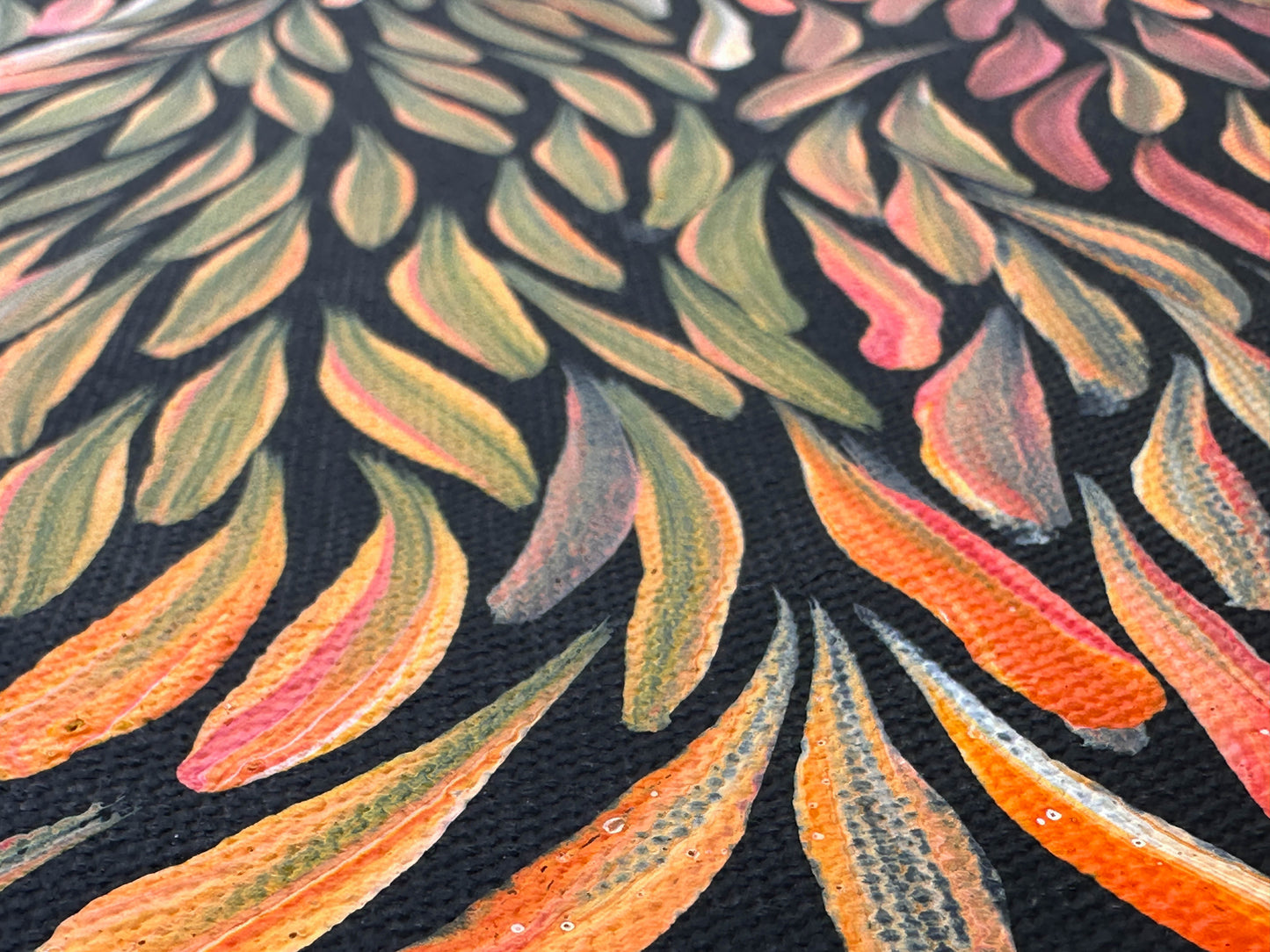 Jeannie Pitjara Petyarre + utopia + bush medicine leaves + leaves + altyerre aboriginal art + art gallery + family owned business + art for sale + artwork + painting for sale + indigneous art + aboriginal art + australian art + Interior design + decor ideas + wall art + yellow + orange + red + famous artist + female artist + art collector +