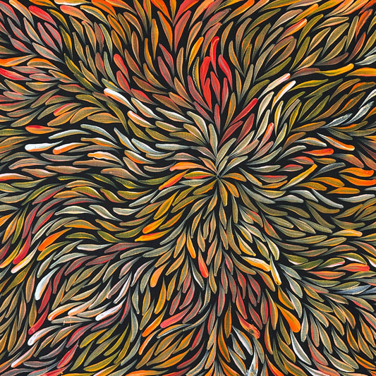 Jeannie Pitjara Petyarre + utopia + bush medicine leaves + leaves + altyerre aboriginal art + art gallery + family owned business + art for sale + artwork + painting for sale + indigneous art + aboriginal art + australian art + Interior design + decor ideas + wall art + yellow + orange + red + famous artist + female artist + art collector +