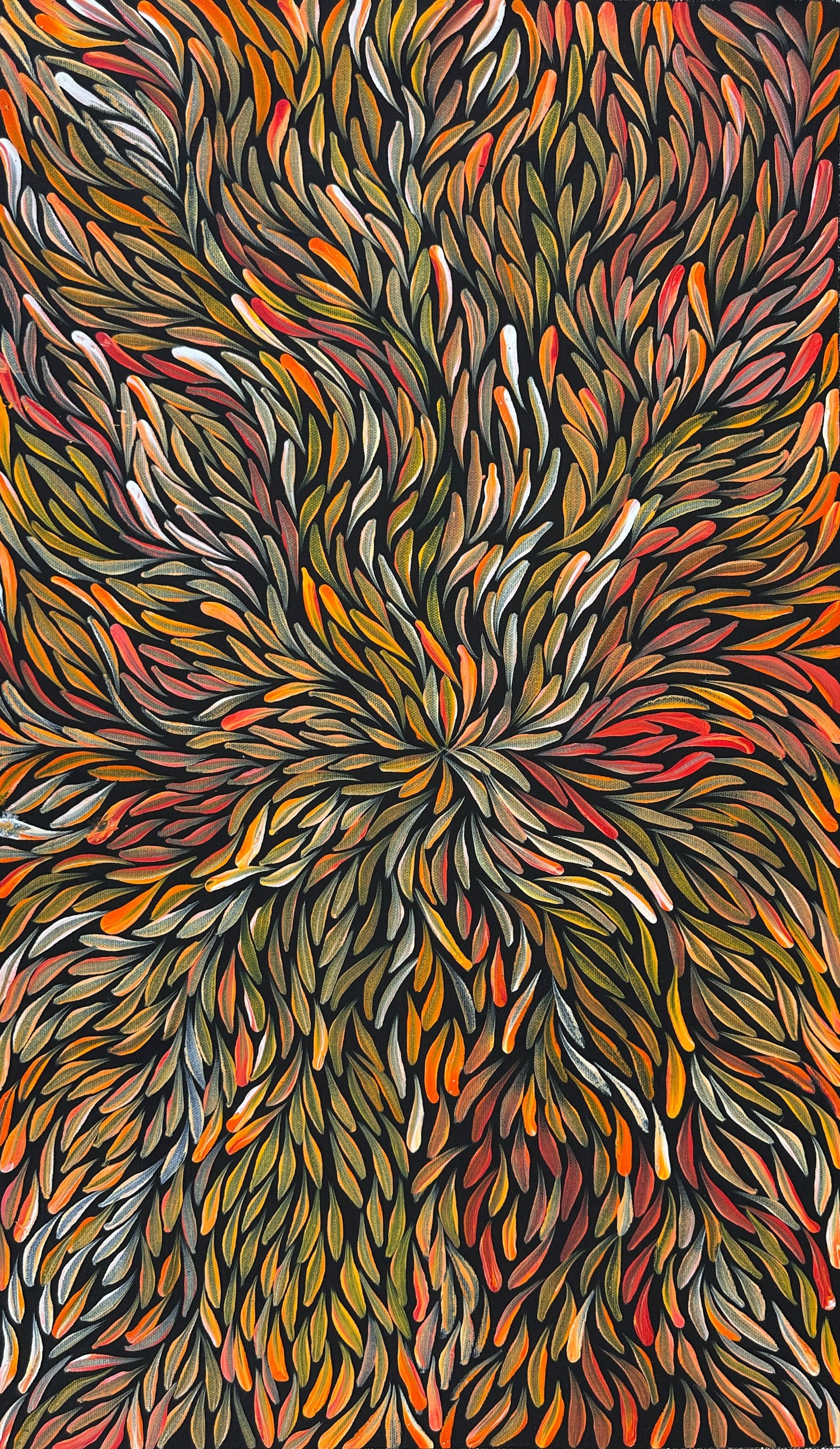 Jeannie Pitjara Petyarre + utopia + bush medicine leaves + leaves + altyerre aboriginal art + art gallery + family owned business + art for sale + artwork + painting for sale + indigneous art + aboriginal art + australian art + Interior design + decor ideas + wall art + yellow + orange + red + famous artist + female artist + art collector +