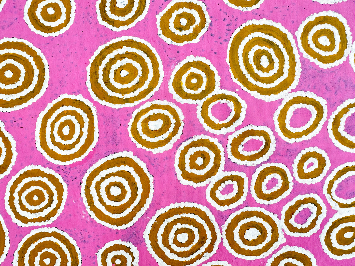 Janie Ward Nakamarra + Gibson Desert + Western Australia + My County + Indigenous Art + Aboriginal Art + Australian Art + Darwin Based Gallery + Traditional Art + Iconography + symbolism + Circles + Pink + Art Story