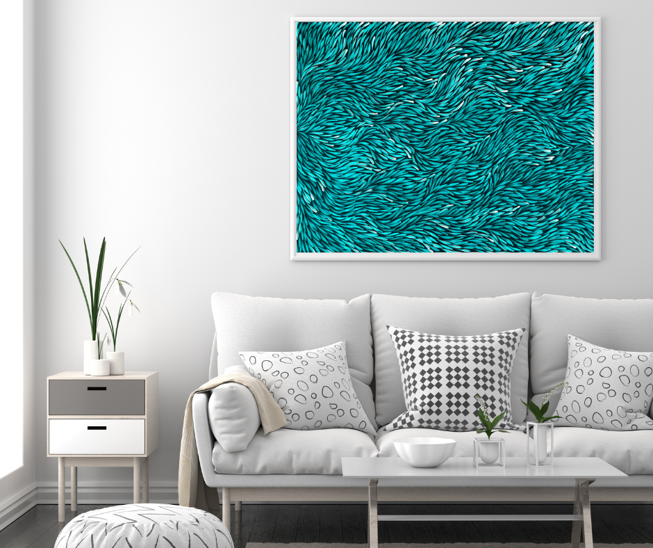 Jeannie Pitjara Petyarre + Utopia + Bush Medicine Leaves + Blue + Aqua + Indigenous Art + Aboriginal Art + Australian Art + Leaves + Art for Sale + painting for sale + darwin based gallery + Family business + bush medicine