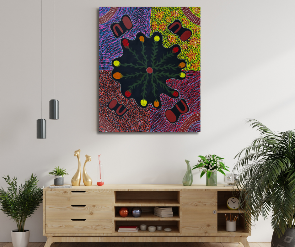 Jessie Bird Nangala Ngale + Utopia + Colourful art + Traditional art + Aboriginal art + Indigenous Art + Bush Tucker + Bush Food + Darwin Based Gallery + Iconography + Symbolism + Dreaming + Darwin Based Gallery