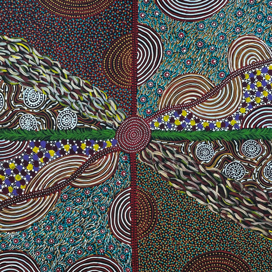 Karen Bird Nangala Ngale + Indigenous Art + Aboriginal Art + Australian Art + Art for sale + Painting for sale + Iconography + Symbolism + Dot Art + Alpar Seeds + Dreaming + Aboriginal Dreaming + Contemporary Art+ traditional Art + Darwin Based Gallery + Art Collector + Utopia + Utopian art