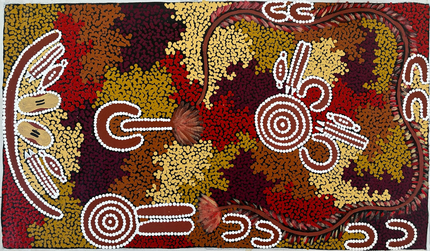 Lynette Granites Nampijinpa Warlpiri Yuendumu Indigenous Art Aboriginal Art Australian Art Bush Fire Dreaming Two Men West of Yuendumu Dot Art Iconography Symbolism Traditional Art Painting