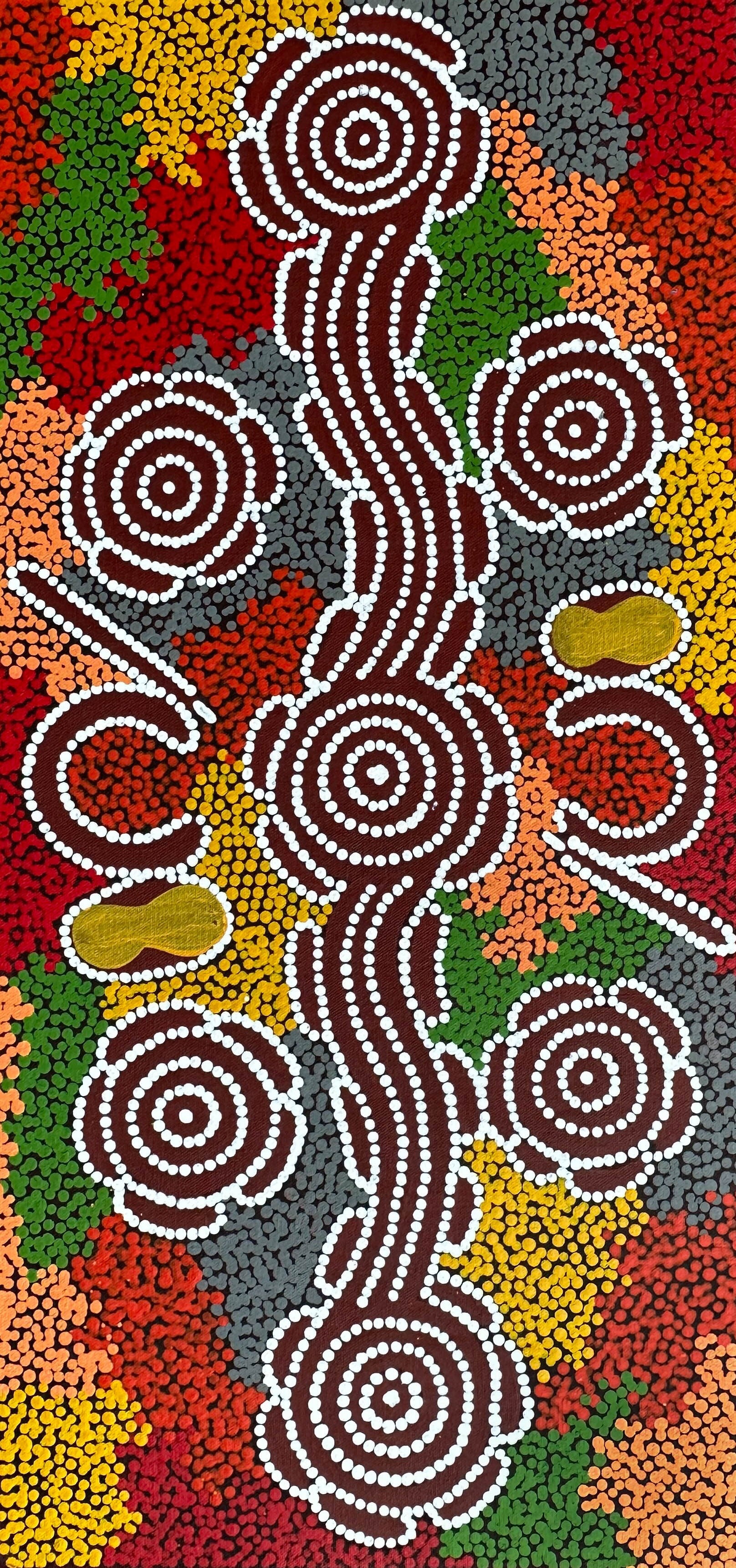 Lynette Granites Nampijinpa + Flying Ants + Yuendumu + Warlpiri + iconography + Symbolism + Dot Painting + Dot Art + Termites + Aboriginal Art + Indigenous Art + Aboriginal Art + Darwin Based Gallery