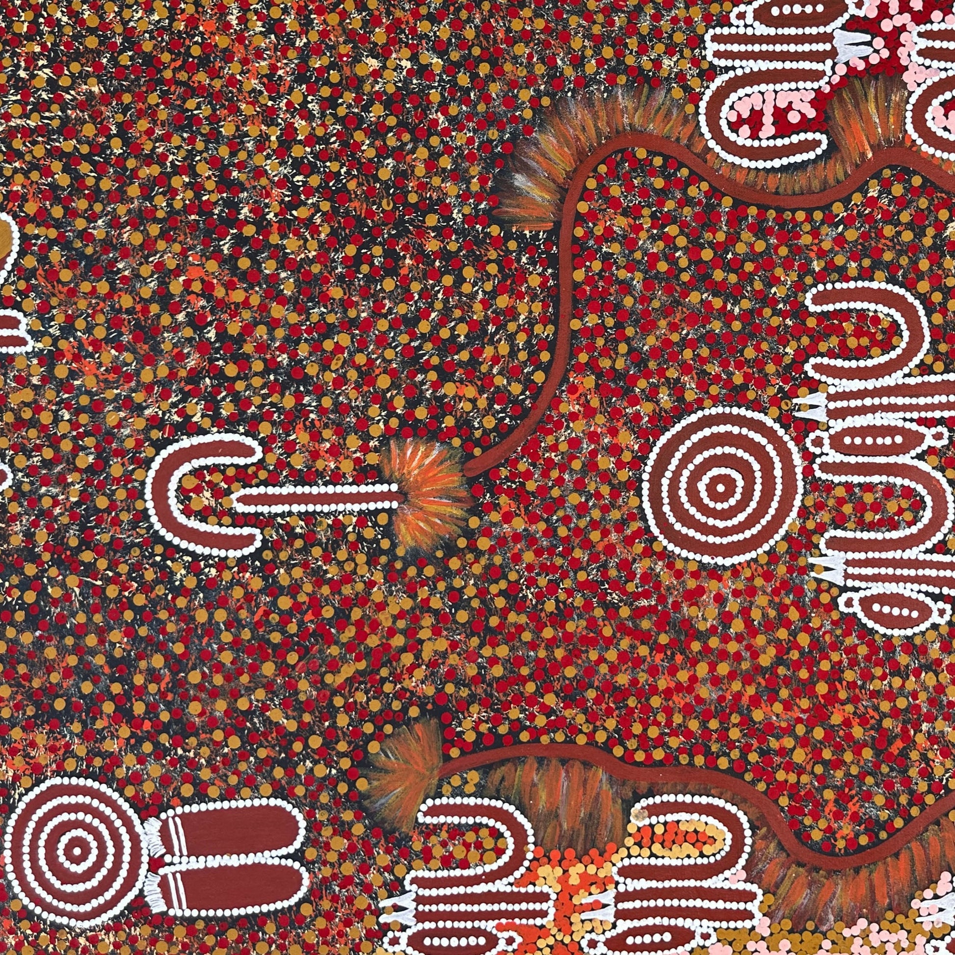 Lynette Granites Nampijinpa + Yuendumu + Northern Territory + Art + Painting + art for sale + painting for sale + indigenous art + Aboriginal art + Australian art + dot art work + dot painting + traditional art + iconography + symbolism + ochre colours + darwin based gallery + Family business + art gallery + art work