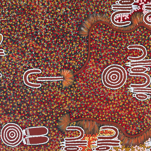 Lynette Granites Nampijinpa + Yuendumu + Northern Territory + Art + Painting + art for sale + painting for sale + indigenous art + Aboriginal art + Australian art + dot art work + dot painting + traditional art + iconography + symbolism + ochre colours + darwin based gallery + Family business + art gallery + art work
