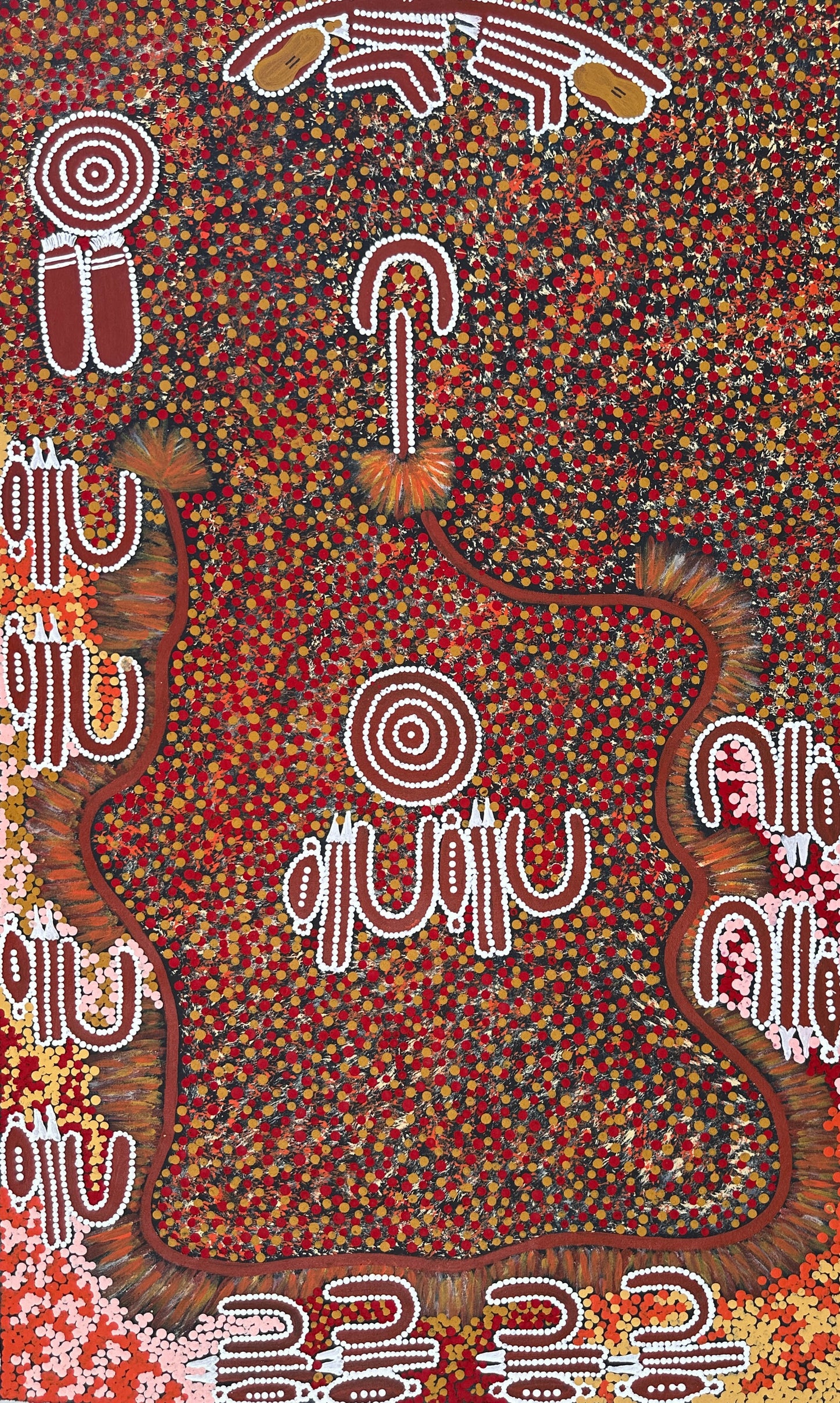 Lynette Granites Nampijinpa + Yuendumu + Northern Territory + Art + Painting + art for sale + painting for sale + indigenous art + Aboriginal art + Australian art + dot art work + dot painting + traditional art + iconography + symbolism + ochre colours + darwin based gallery + Family business + art gallery + art work