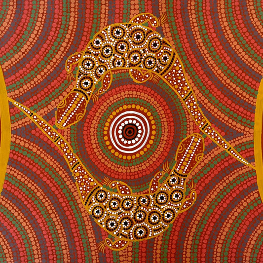 Linda Nakamaraa Quinn Two Goanna's Mating Indigenous Art Aboriginal Art Australian Art Dot Painting Orche Colour