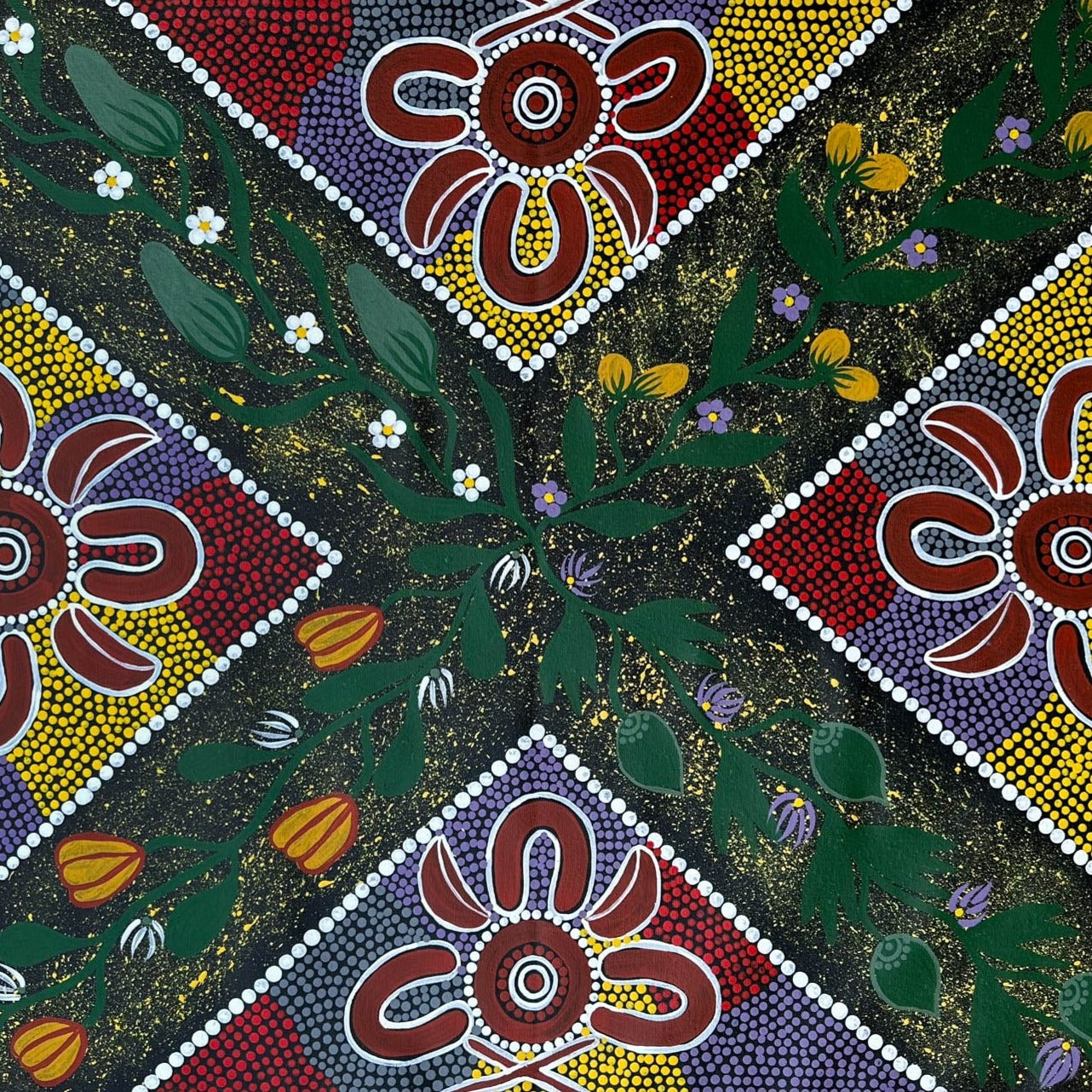 Linda Nakamarra Quinn + Bush Wild Passionfruit + Indigenous Art + Aboriginal Art + Indigenous Art + Australian Art + Dot Art Painting + Darwin Based Gallery + Contemporary Traditional Art Painting + Iconography + Symbolism + Art Story + Interior Design + Culture