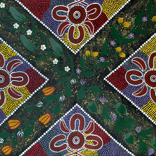 Linda Nakamarra Quinn + Bush Wild Passionfruit + Indigenous Art + Aboriginal Art + Indigenous Art + Australian Art + Dot Art Painting + Darwin Based Gallery + Contemporary Traditional Art Painting + Iconography + Symbolism + Art Story + Interior Design + Culture
