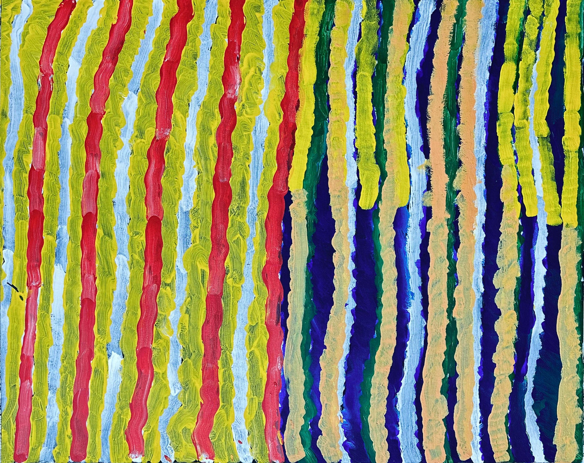 Karrkurritinytja +Western Desert Region + Pintupi + Makinti Napanangka + Artwork + Painting + Western Desert + Famous Artist + Famous Indigneous Artist + Darwin Based Gallery + Indigenous Art + Aboriginal Art + Australian Art + Contemporary Art + Traditional Meaning + Mutli Layered art + Yellow + Red + Blue + white