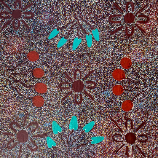 Marlene Rogers Kngwarrey, Marlene Kngwarreye, Marlene Blue + Utopia + Bonya + Female Artist + Darwin Based Gallery + Art for Sale + Painting for Sale + Indigenous Art + Aboriginal Art + Australian Art + Iconography + Bush Banana + Bush Tomato + Unique Traditional Art + Aboriginal Culture + Bush Tucker