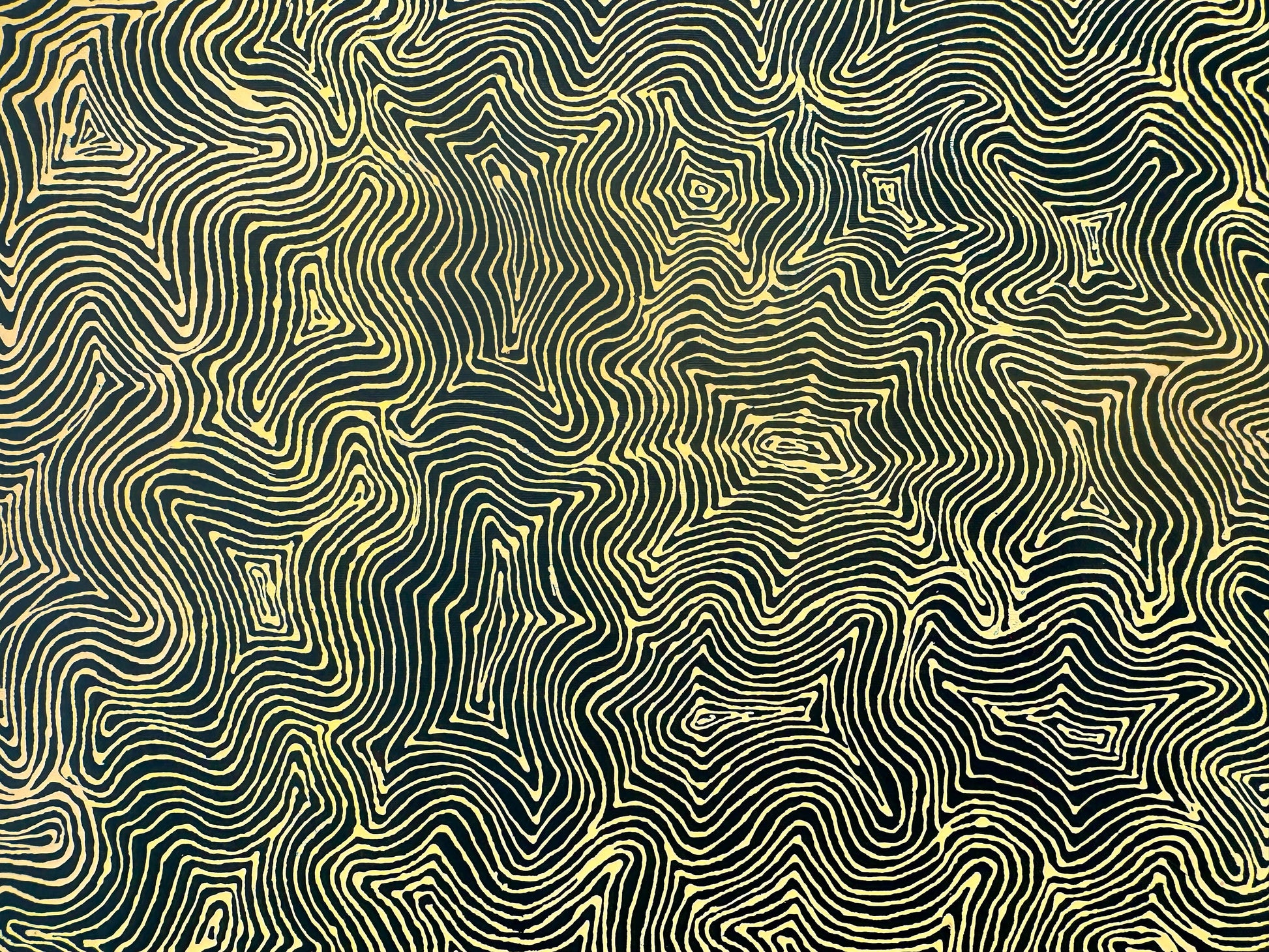 Mary Rumble Pitjara Petyarre + Utopia + Body Art + Aweyle + womens dreaming + hypnotic + mesmerising + yellow + altyerre + altyerre aboriginal art + home decor + office decor + interior design + painting for sale + art work for sale + art for sale + art gallery + large artwork