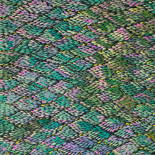 margaret turner petyarre + Bush Medicine + Beautiful artwork + art for sale + Painting for sale + indigenous art + aboriginal art + australian art + darwin based gallery + family business + pink + aqua + yellow + lake nash + artist + contemporary art