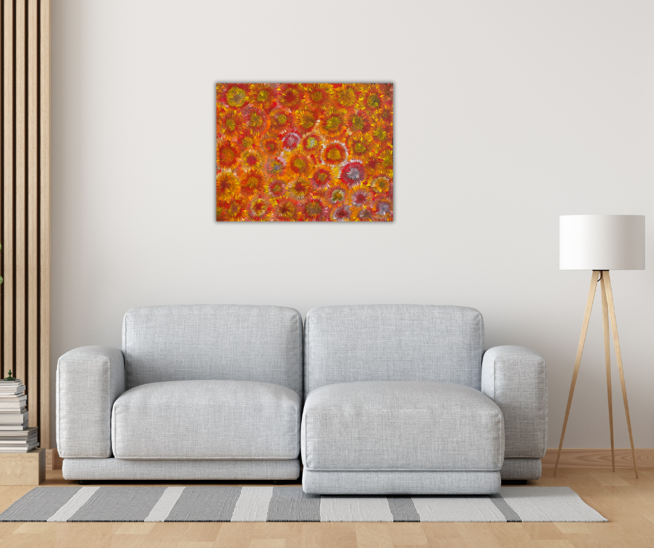Margaret Turner Petyarre + Utopia + Bush Medicine + Orange + Yellow + beautiful + artwork + painting + art for sale + artwork for sale + painting for sale + indigenous art + aboriginal art + australian art + darwin based gallery +
