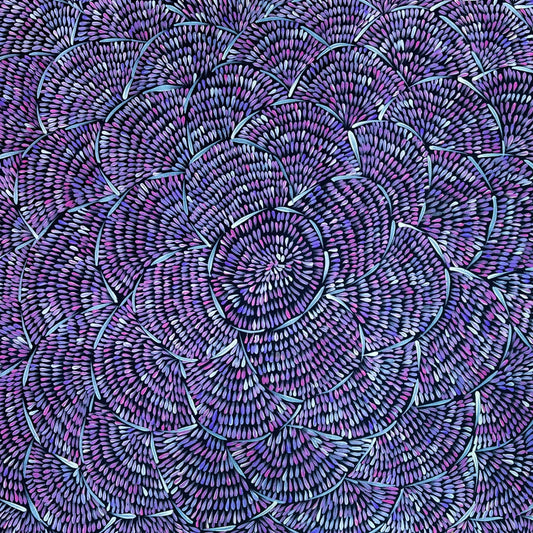 Margaret Tuner Petyarre + Utopia + Bush medicine Leaves + Purple + Contemporary Art + Indigneous Art + Australian Art + Aboriginal Art + Leaves + Darwin Based Gallery + Beautiful Art +
