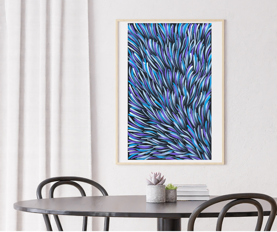 Rosemary Pitjara Petyarre + Utopia + Bush Medicine Leaves + Indigenous Art + Aboriginal Art + Australian Art + Purple + Blue + White + Darwin Based Gallery + Contemporary Art + Traditional Art
