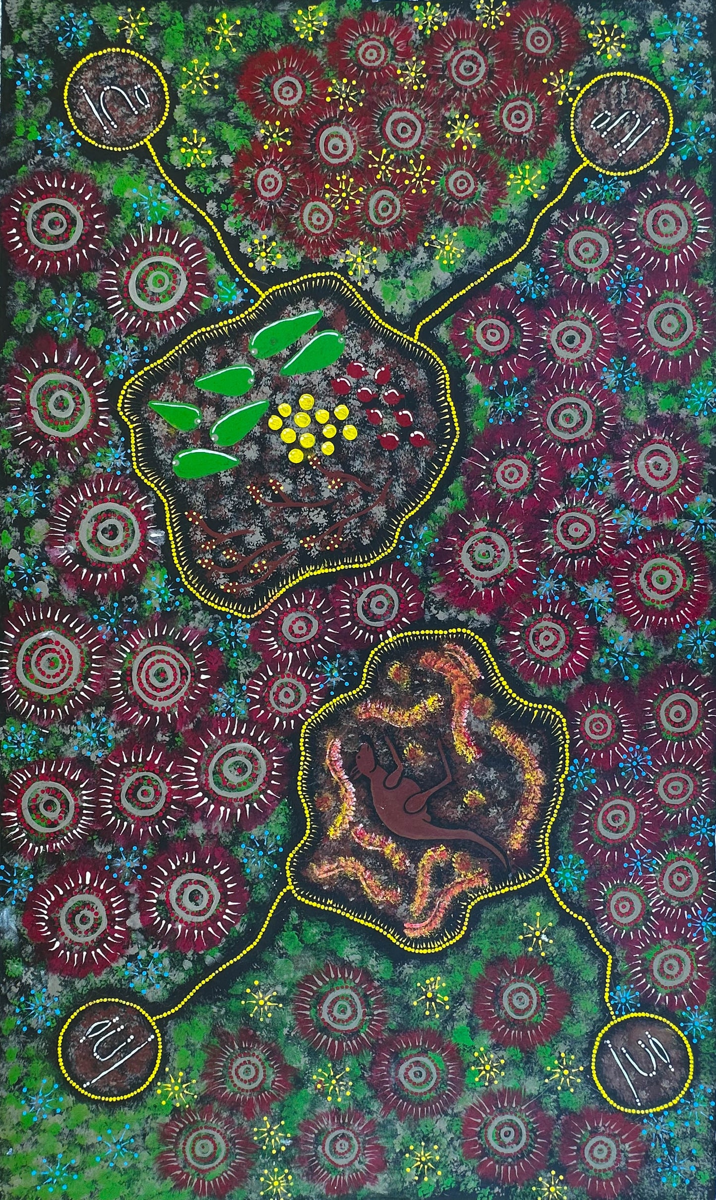 Norah Jurrah Nelson Napaljarri + Ikuntji + Haasts Bluff + Western Desert Art + Indigenous Art + Aboriginal Art + Australian Art + Kangaroo + Bush Tucker + Bush Banana + Darwin Based Gallery + Bush Tucker + Traditional art + Iconography + Symbolism + Yuendumu