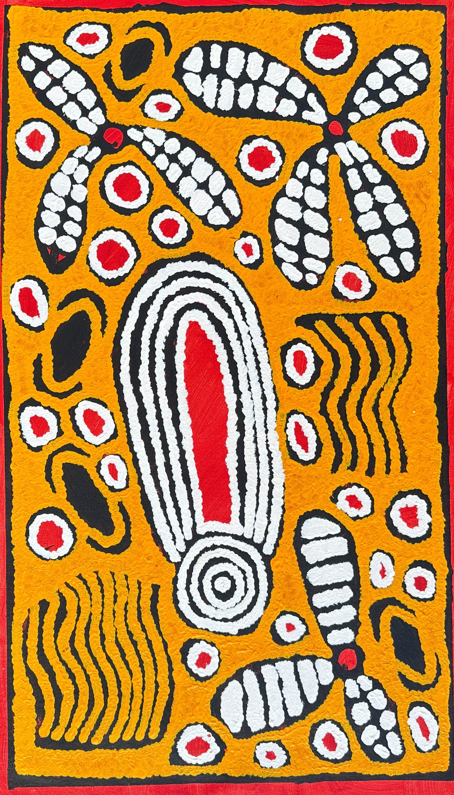 Musée du quai Branly in Paris + Ningura Naparrula Gibson + Women's ceremony + Pintupi + Watulka + Art Gallery + Online art gallery + darwin based galllery + family business + Indigenous art + aboriginal art + australian art + iconography + symbolism + orange + white + red + black + australian stamp + western desert + western desert art + altyerre aboriginal art + art story + paris + museum + art collector + interior design + interior wall art + art for sale + painting for sale +