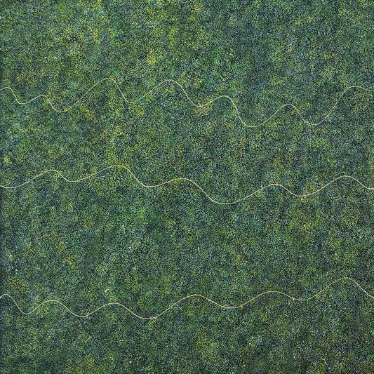Polly Nelson Nangala Ngale Ngal + Utopia + Indigneous Art + Aboriginal Art + Australian Art + Dot Painting + Dot artwork + Green + yellow + Bush Plum Dreaming + Famous Artist + Aerial Art + Darwin Based Gallery