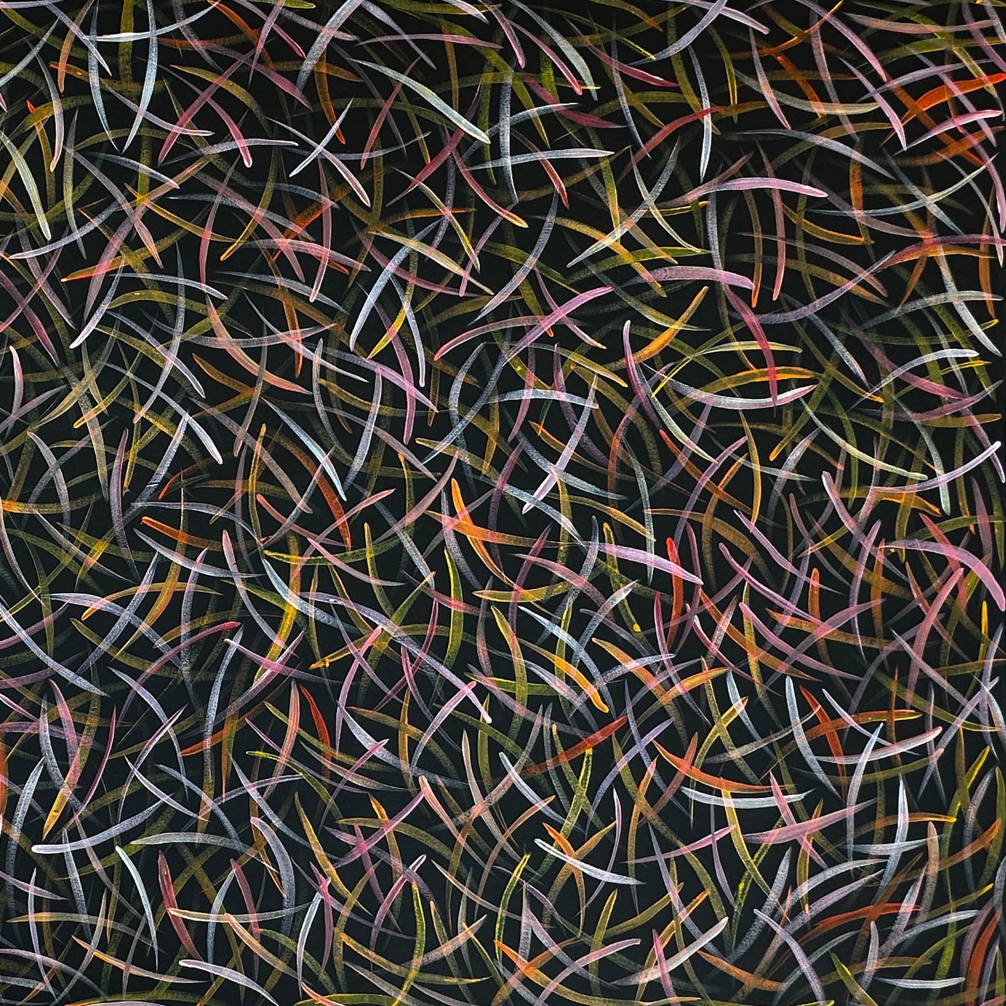 Polly Nangala, Polly Ngale, Polly Nelson Nangala, Polly Nelson Ngale, Polly Nungala, Polly Ngal + Utopia + Polly Ngale early artwork painting + Art for sale + painting for sale + Bush Plum leaves + Darwin Based Gallery + Indigenous Art + Aboriginal Art + Australian Art + Yellow + Orange + White + Pink + Contemporary Art + Aboriginal Dreaming