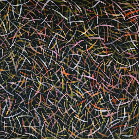 Polly Nangala, Polly Ngale, Polly Nelson Nangala, Polly Nelson Ngale, Polly Nungala, Polly Ngal + Utopia + Polly Ngale early artwork painting + Art for sale + painting for sale + Bush Plum leaves + Darwin Based Gallery + Indigenous Art + Aboriginal Art + Australian Art + Yellow + Orange + White + Pink + Contemporary Art + Aboriginal Dreaming