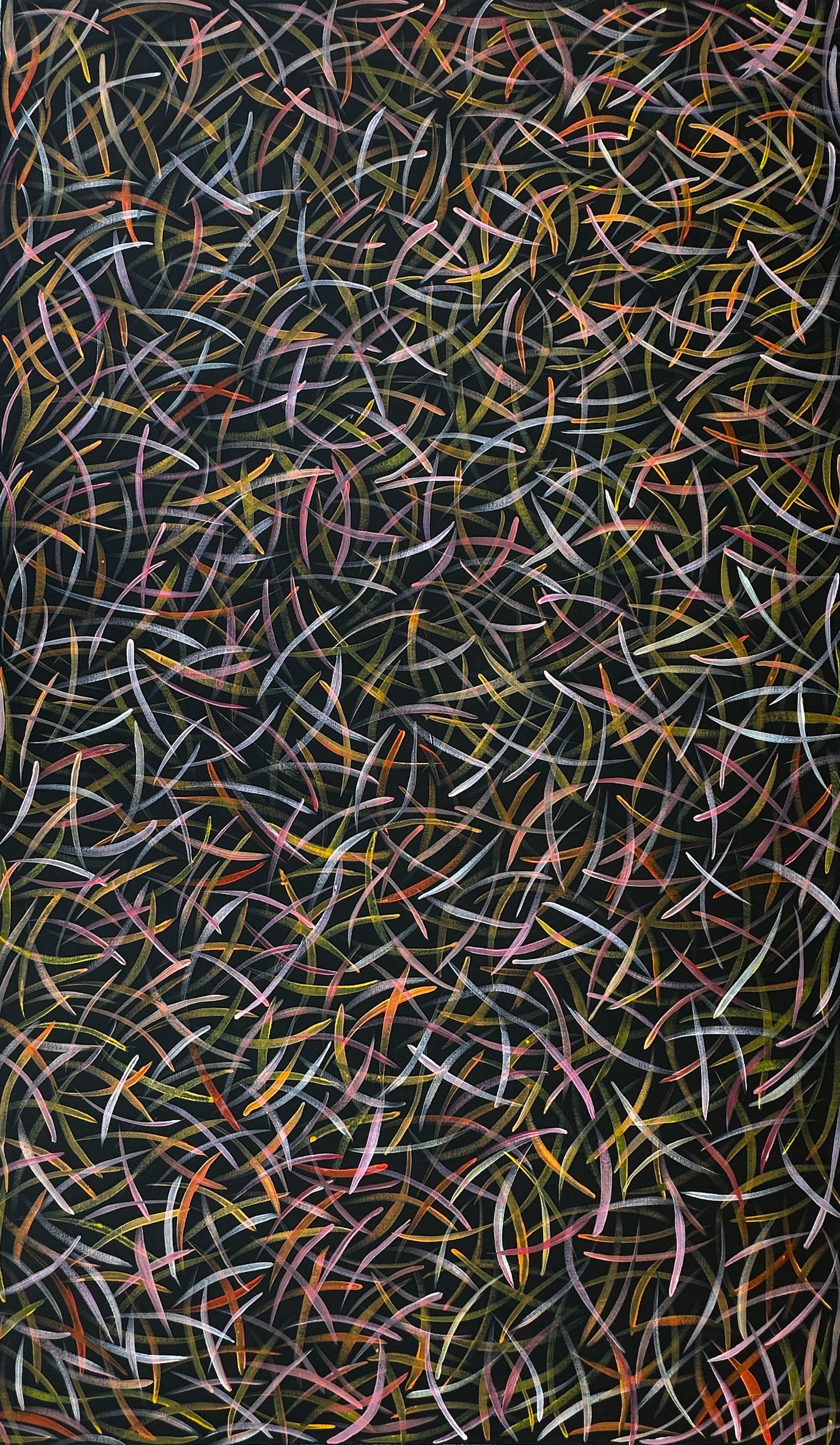 Polly Nangala, Polly Ngale, Polly Nelson Nangala, Polly Nelson Ngale, Polly Nungala, Polly Ngal + Utopia + Polly Ngale early artwork painting + Art for sale + painting for sale + Bush Plum leaves + Darwin Based Gallery + Indigenous Art + Aboriginal Art + Australian Art + Yellow + Orange + White + Pink + Contemporary Art + Aboriginal Dreaming