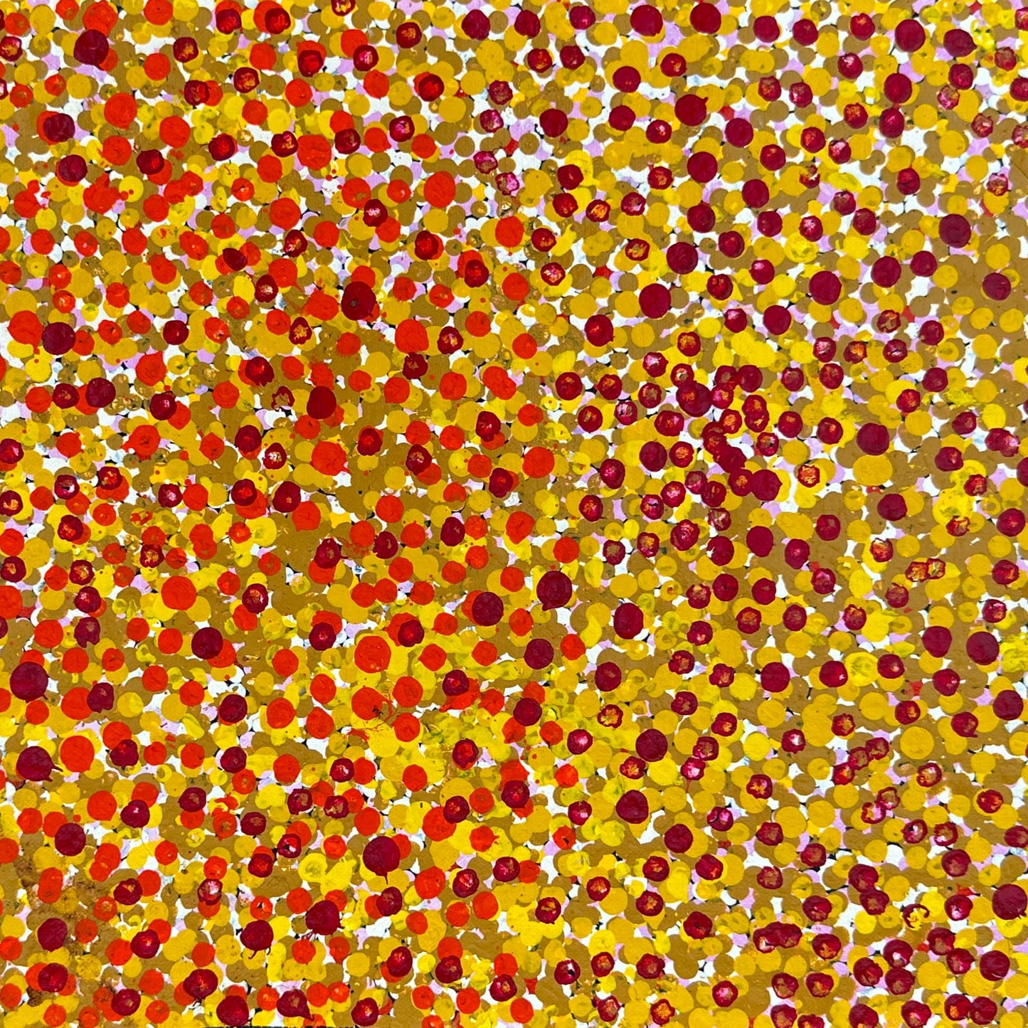 Polly Nelson Nangala + Utopia + Dot Art Painting + Dot artwork + art for sale + painting for sale + artwork for sale + indigenous art + aboriginal art + Australian art + altyerre aboriginal art gallery + orange + yellow + white + mustard + orchre colours + bush plum dreaming + darwin based gallery