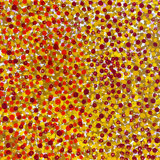 Polly Nelson Nangala + Utopia + Dot Art Painting + Dot artwork + art for sale + painting for sale + artwork for sale + indigenous art + aboriginal art + Australian art + altyerre aboriginal art gallery + orange + yellow + white + mustard + orchre colours + bush plum dreaming + darwin based gallery