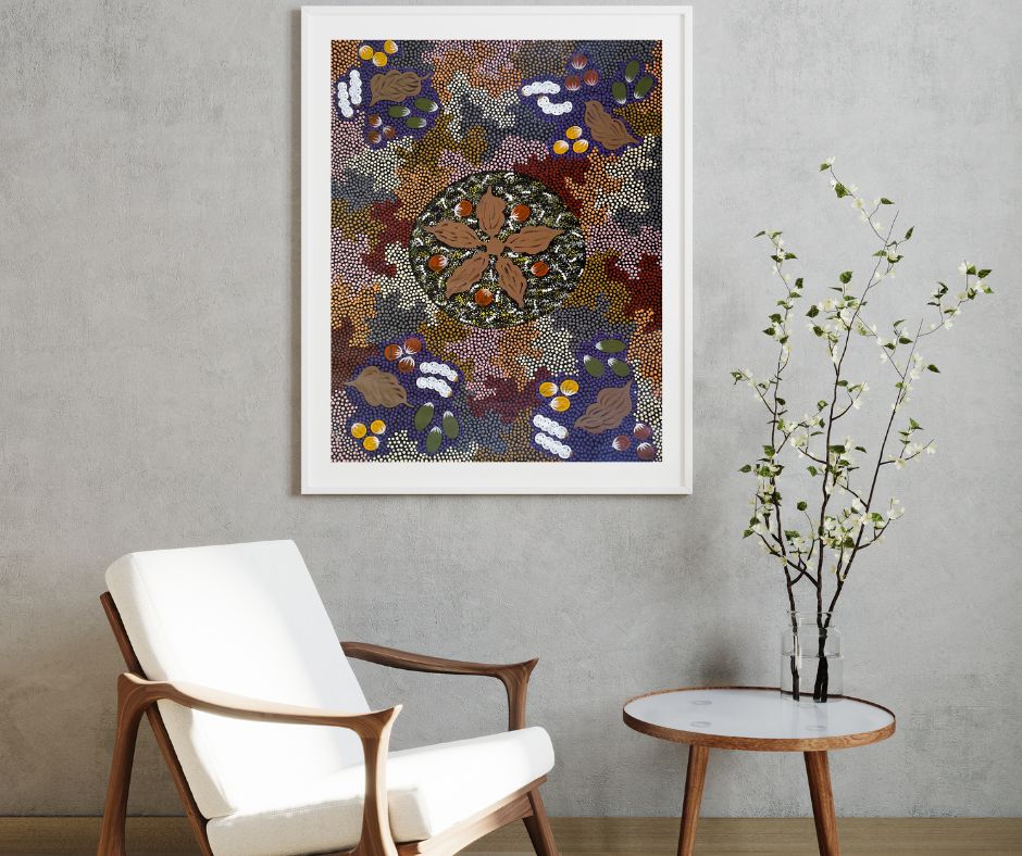 Patsy Ross + Ti Tree + Indigenous Art + Aboriginal Art + Australian Art + Bush Tucker + Dreaming + Witchetty Grub + Bush Berries + Bush Banana + Bush Tomato + Darwin Based Gallery + Dot Art Painting + Dot Painting +