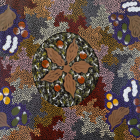 Patsy Ross + Ti Tree + Indigenous Art + Aboriginal Art + Australian Art + Bush Tucker + Dreaming + Witchetty Grub + Bush Berries + Bush Banana + Bush Tomato + Darwin Based Gallery + Dot Art Painting + Dot Painting +