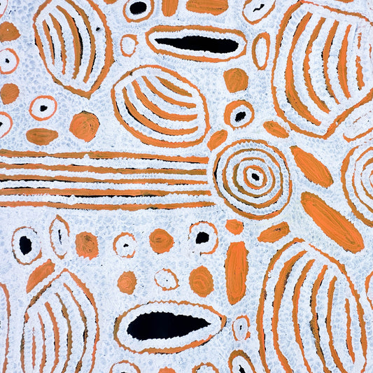 Roma Gibson Nungarrayi + Aboriginal art + Australian Art + Indigenous art + traditional art + iconography + symbolism + art story + knowledge passed down + aerial depiction + country + dreaming + home + art for sale + painting + painting for sale + artwork + darwin based gallery + art gallery + family owned business + decor + interior + interior design + wall art + kintore