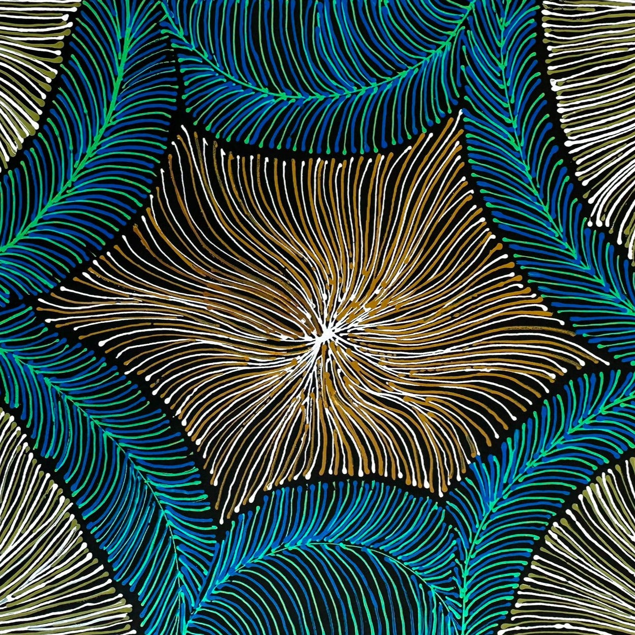 Rosemary Pitjara Petyarre Utopia Bush Yam Dreaming Indigneous art Aboriginal Art Australian Ant Contemporary Art Traditional Knowledge Blue Colour Modern Art