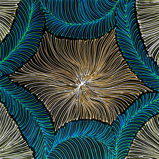 Rosemary Pitjara Petyarre Utopia Bush Yam Dreaming Indigneous art Aboriginal Art Australian Ant Contemporary Art Traditional Knowledge Blue Colour Modern Art
