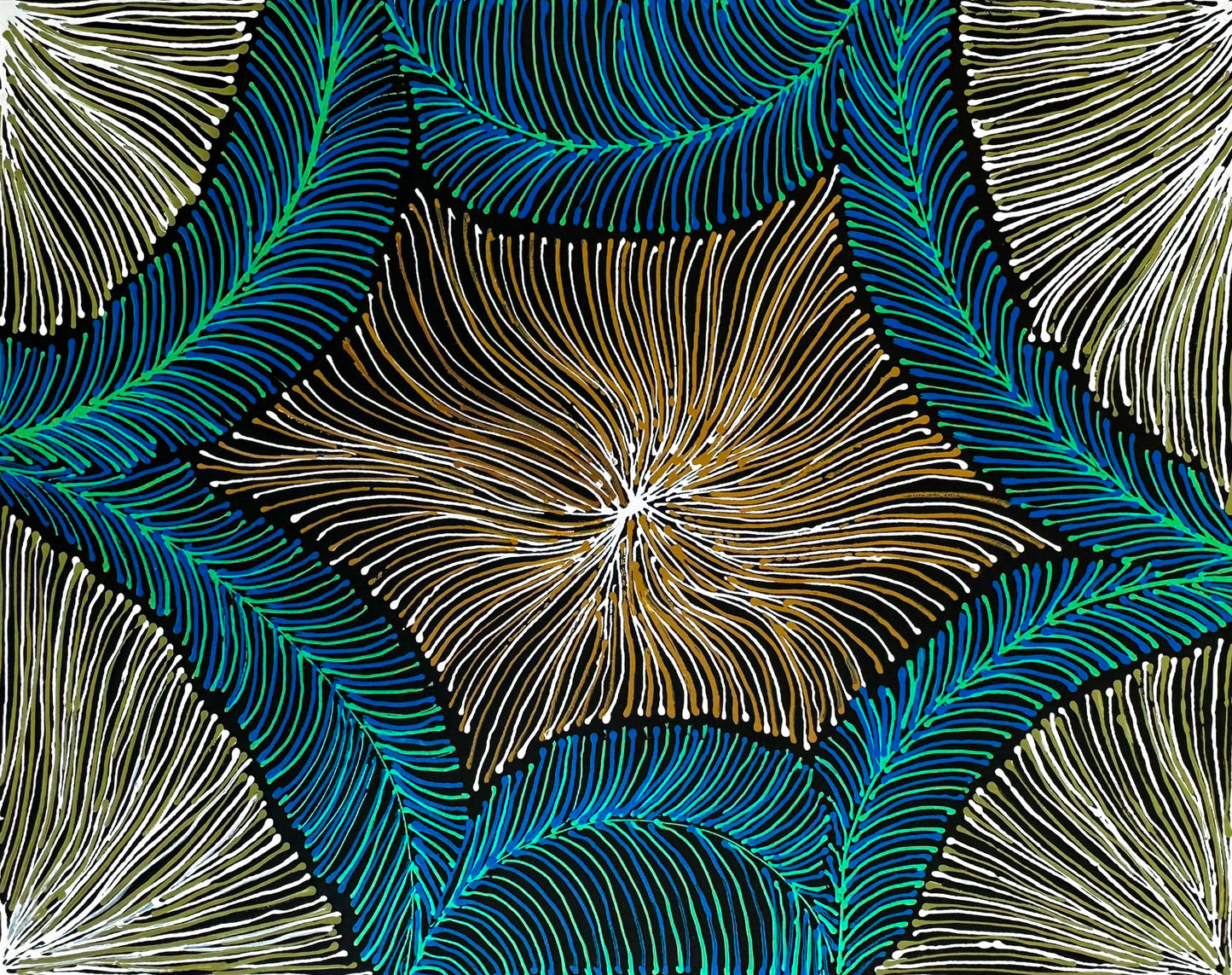 Rosemary Pitjara Petyarre Utopia Bush Yam Dreaming Indigneous art Aboriginal Art Australian Ant Contemporary Art Traditional Knowledge Blue Colour Modern Art