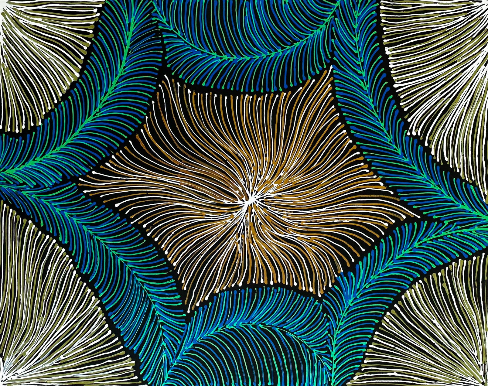 Rosemary Pitjara Petyarre Utopia Bush Yam Dreaming Indigneous art Aboriginal Art Australian Ant Contemporary Art Traditional Knowledge Blue Colour Modern Art